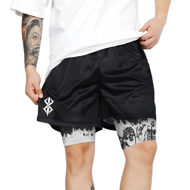 Berserk Skull Print 2-in-1 Men’s Workout Shorts