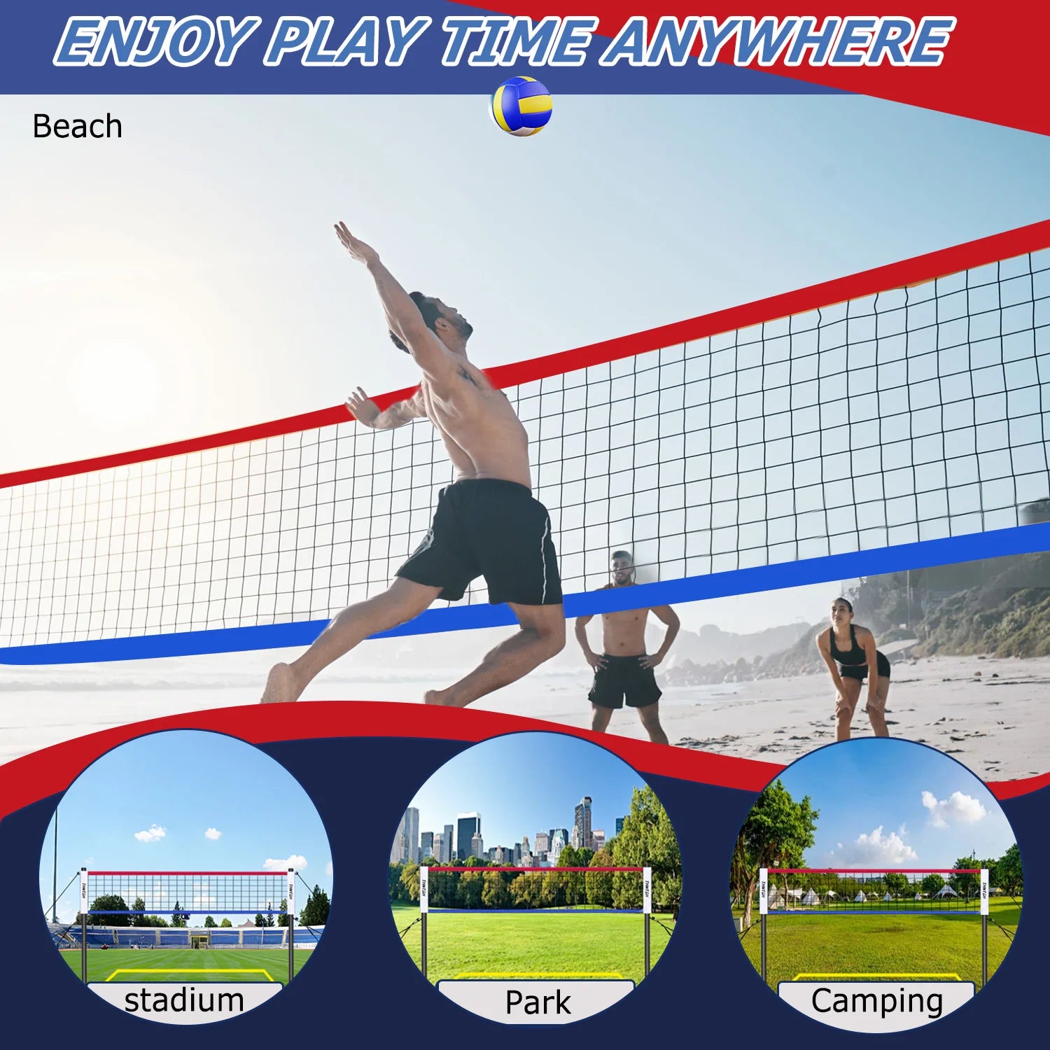 Portable Outdoor Volleyball Net Set with Adjustable Height & Aluminum Poles