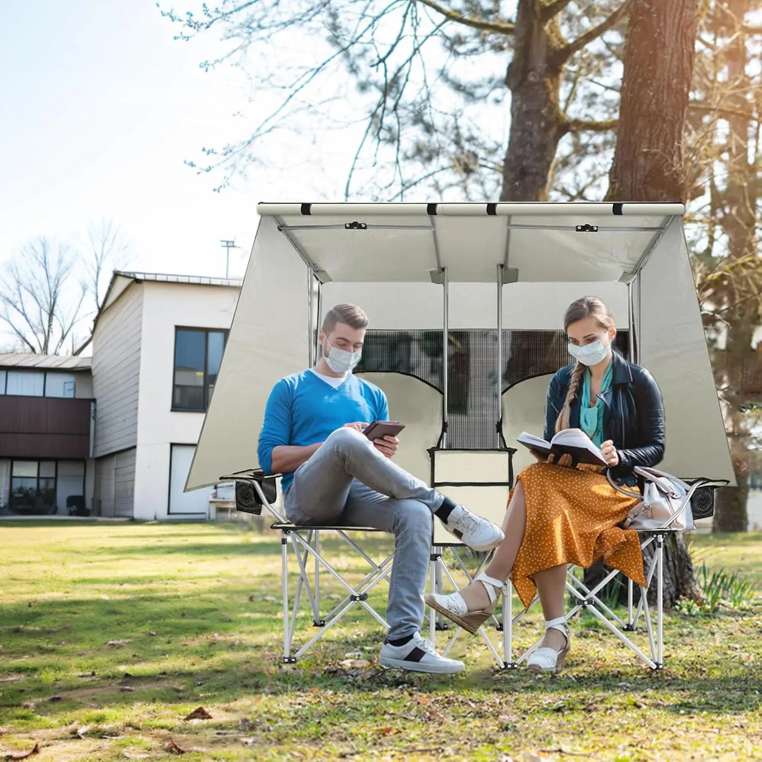 Double Camping Chair with Canopy & Cooler