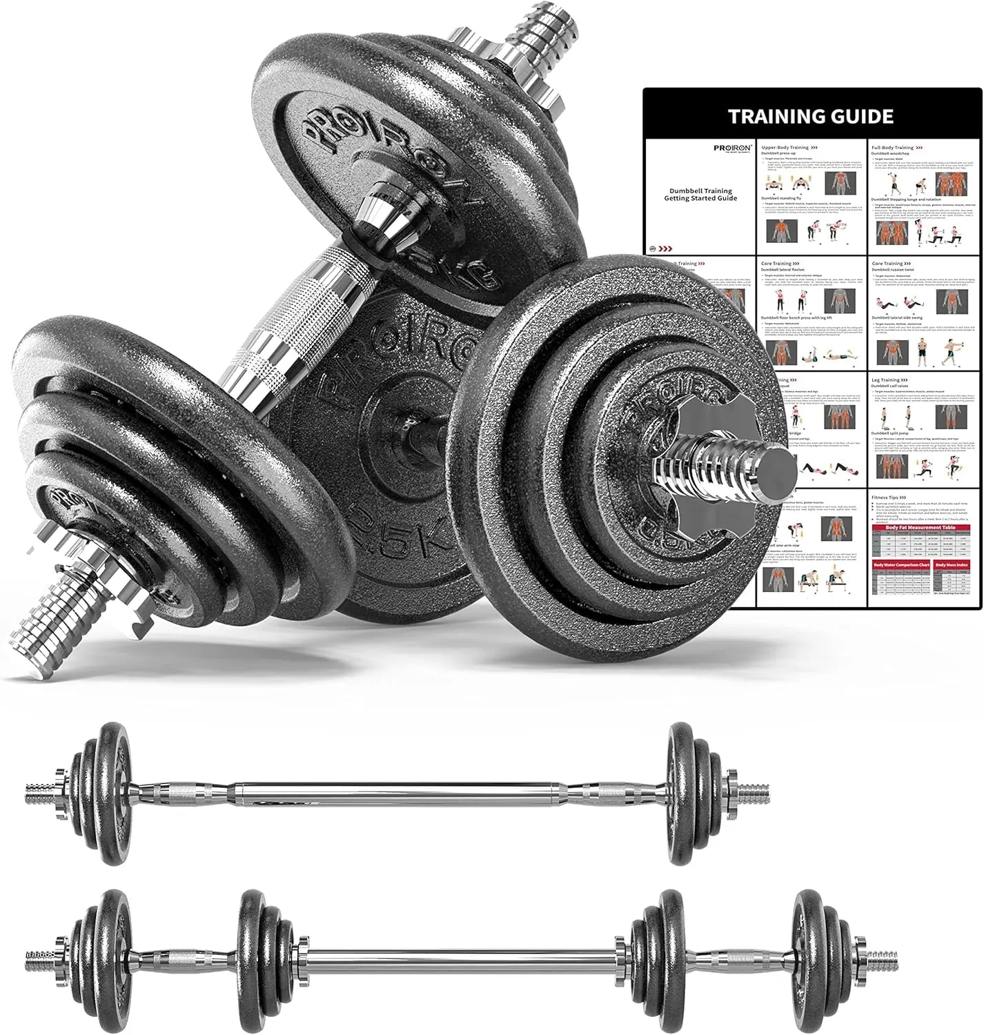 44LB Cast Iron Adjustable Dumbbell Set – Converts to Barbell