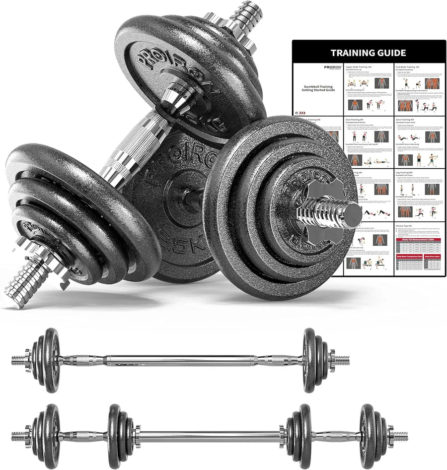 44LB Cast Iron Adjustable Dumbbell Set – Converts to Barbell