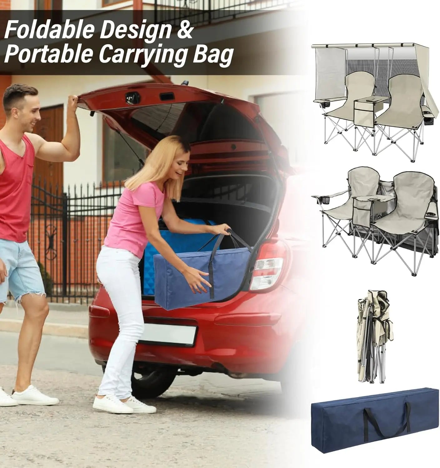 Double Camping Chair with Canopy & Cooler