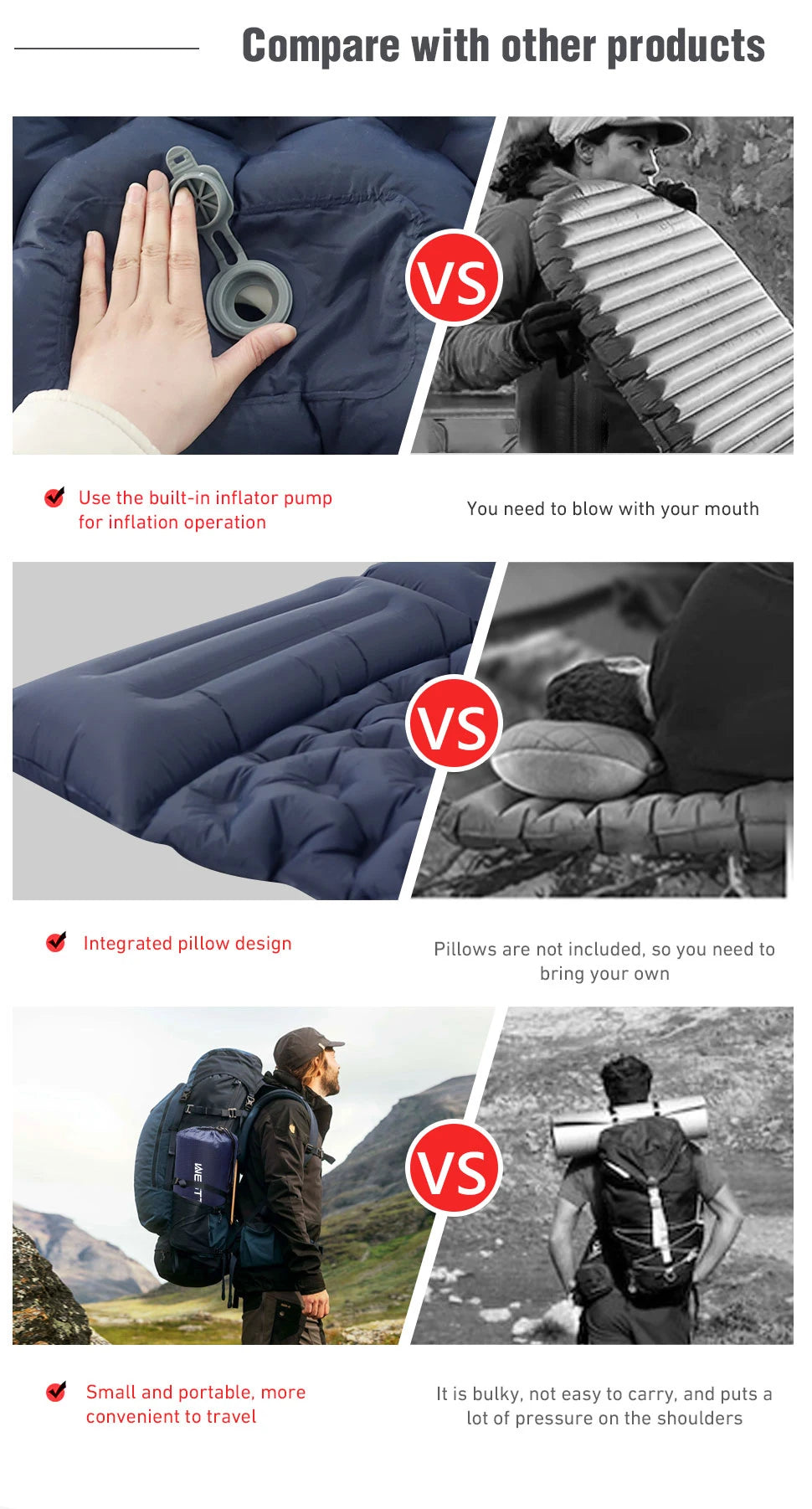 WESTTUNE Double Inflatable Camping Mattress with Built-in Pillow & Pump