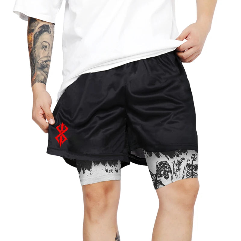 Berserk Skull Print 2-in-1 Men’s Workout Shorts