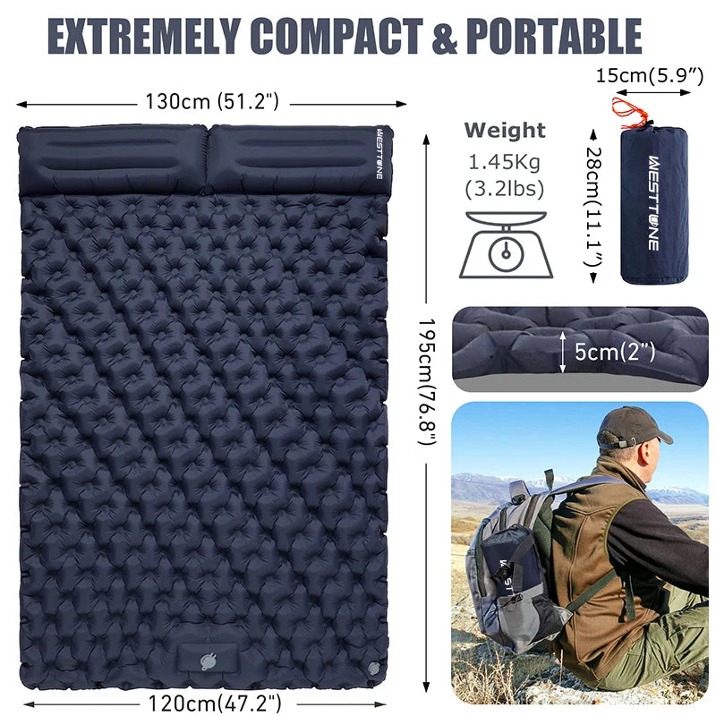 WESTTUNE Double Inflatable Camping Mattress with Built-in Pillow & Pump