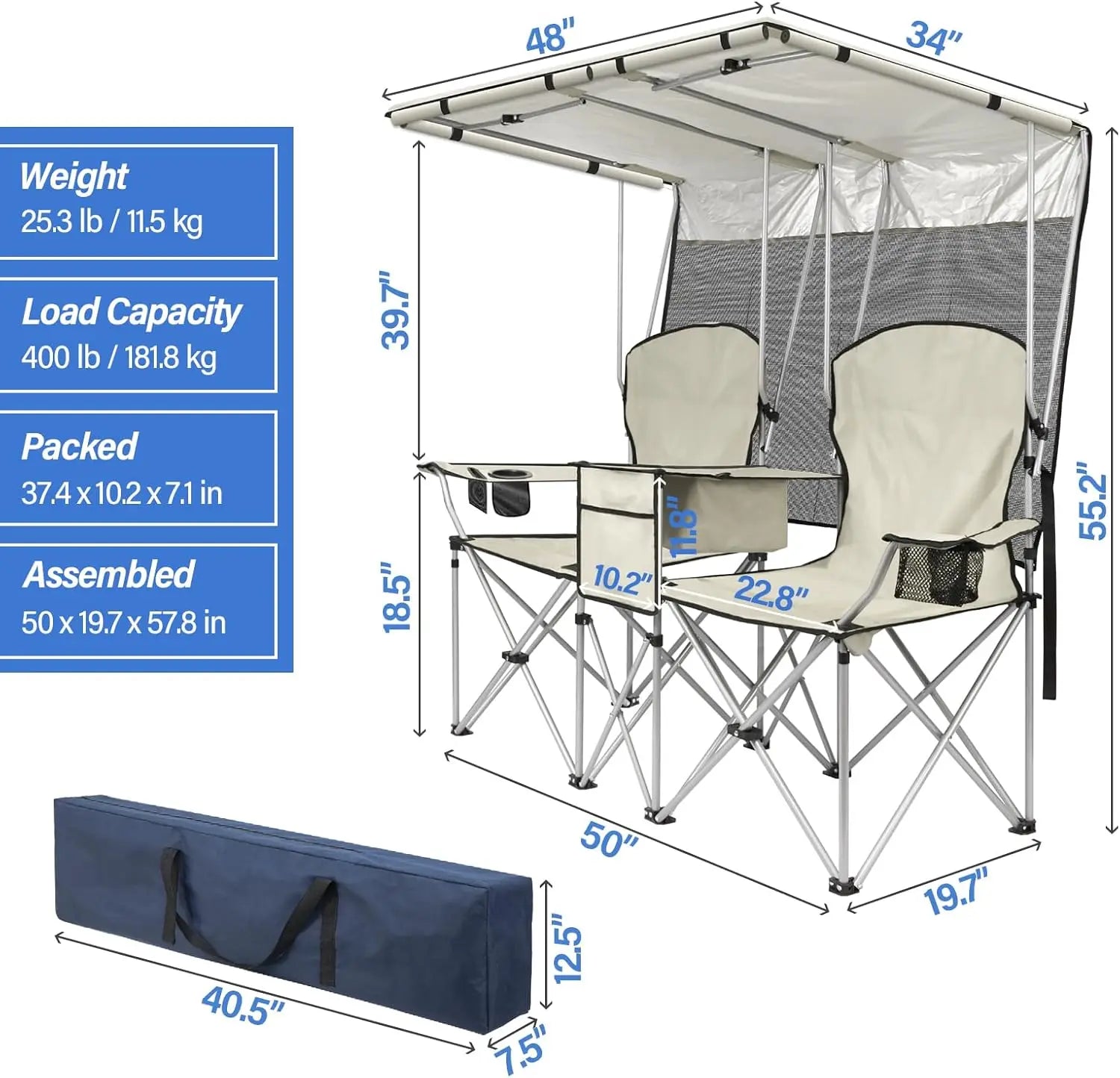 Double Camping Chair with Canopy & Cooler
