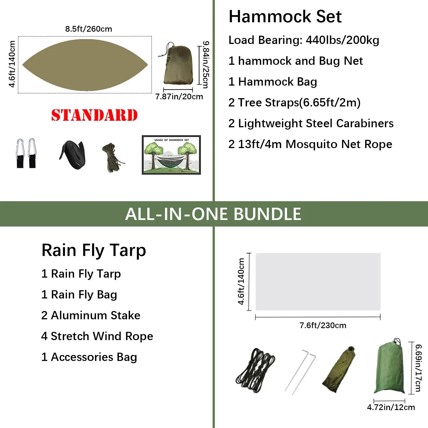 Portable Camping Hammock with Mosquito Net & Rainfly