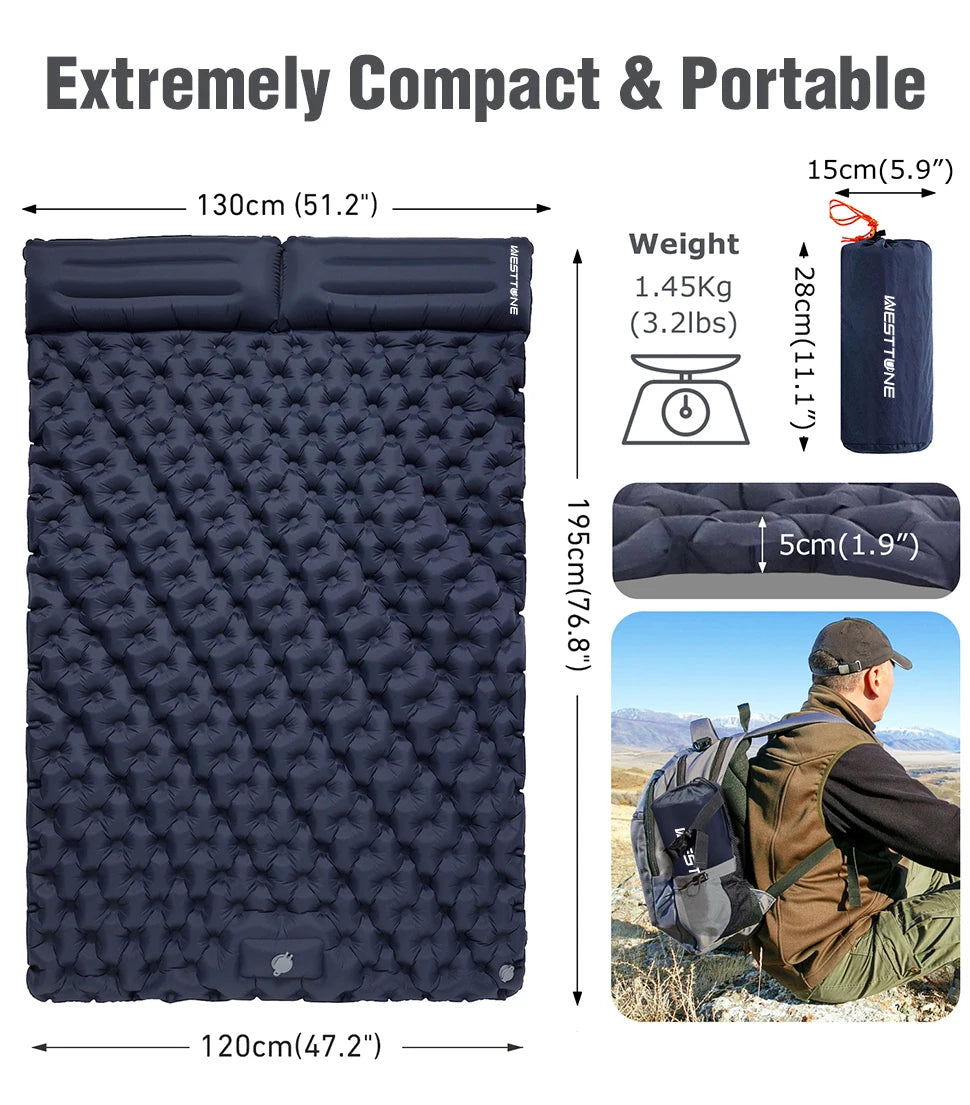 WESTTUNE Double Inflatable Camping Mattress with Built-in Pillow & Pump